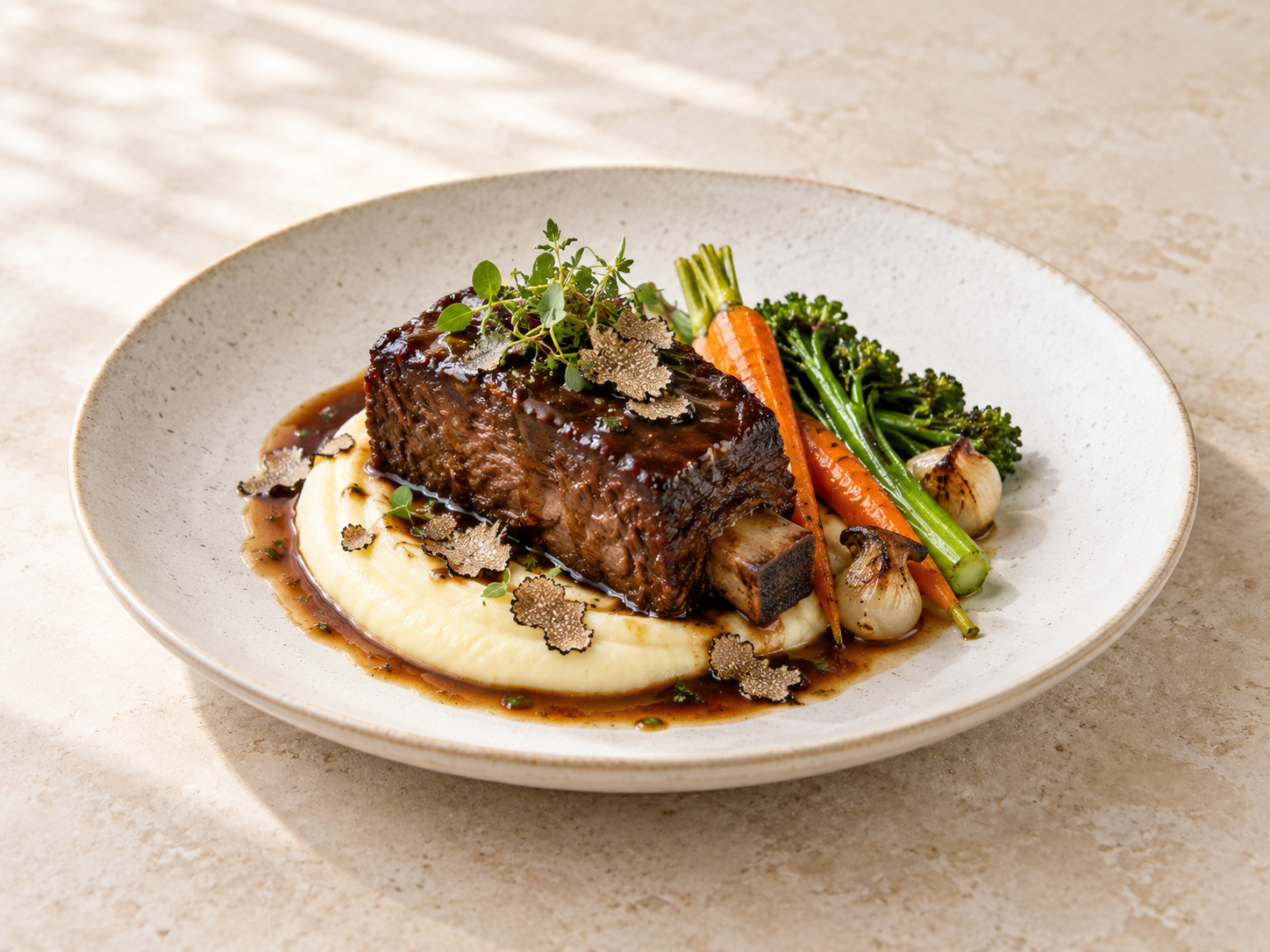 Braised short rib with potato purée and seasonal vegetables